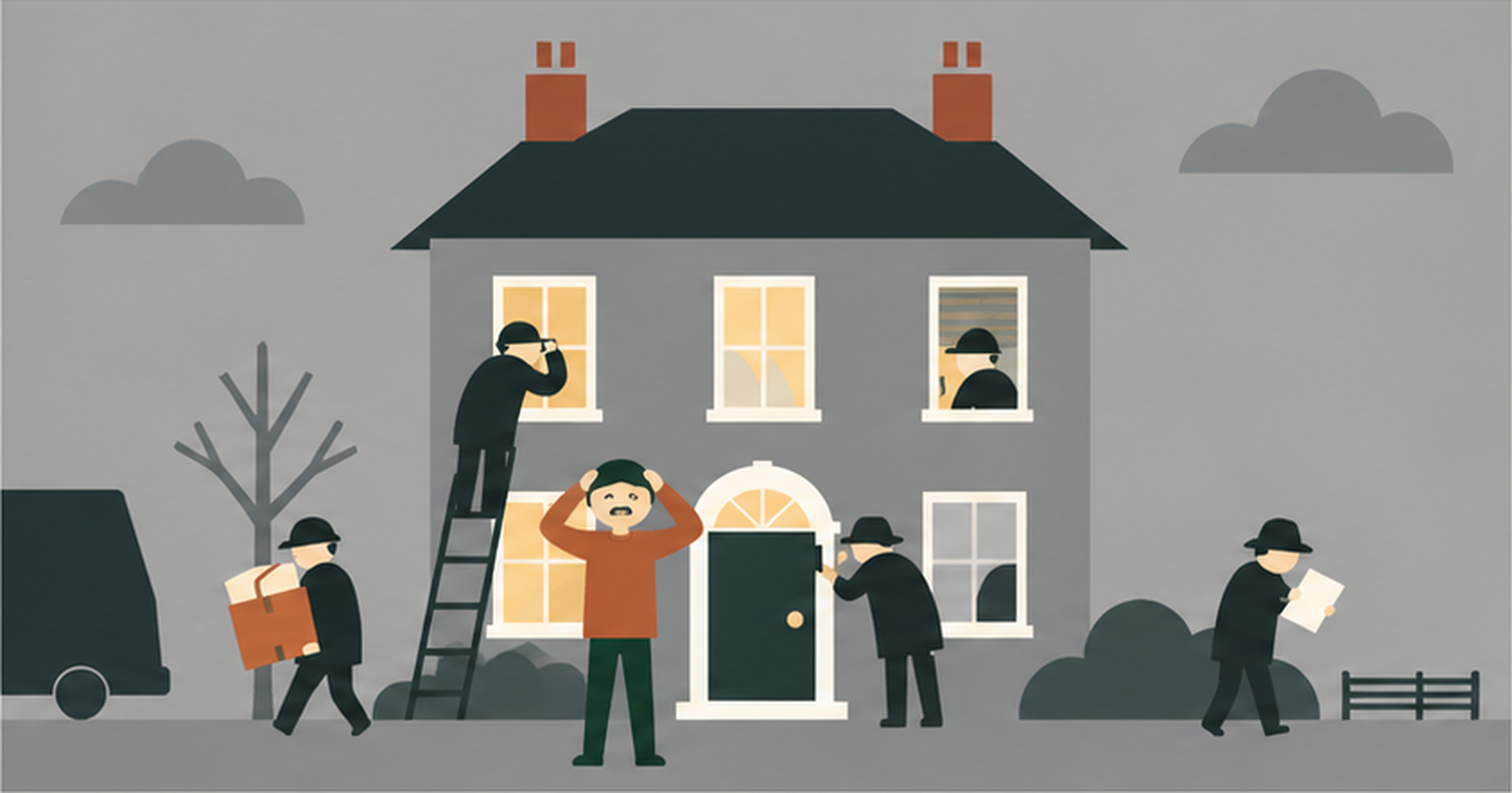 A distressed homeowner holds their head outside a grey house while strangers climb a ladder to peer in, spy from an upstairs window, try the front door, read the post and carry a box away