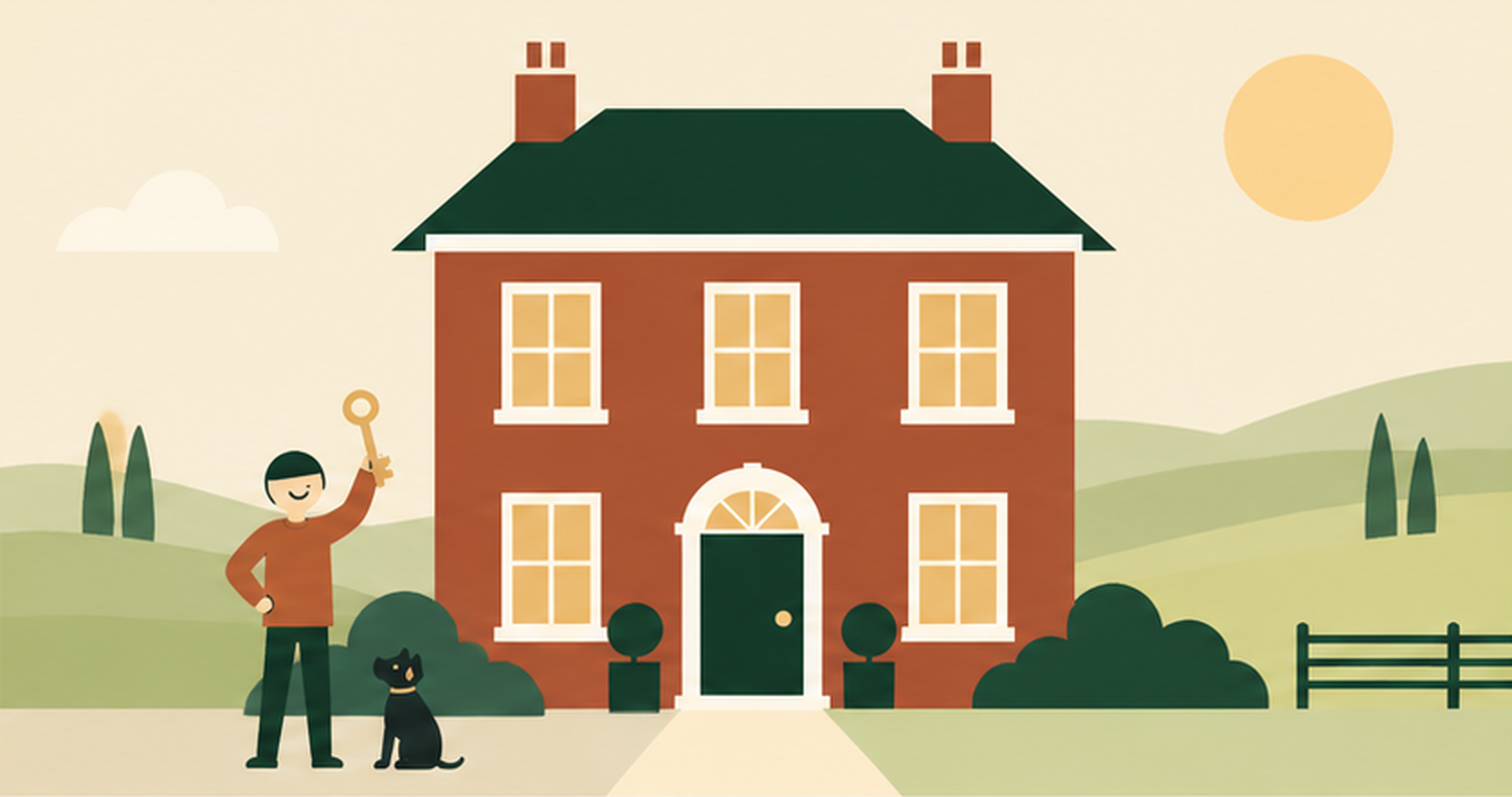 The same house, now warm and sunny among green hills, as the smiling homeowner raises a brass key beside their small black pet