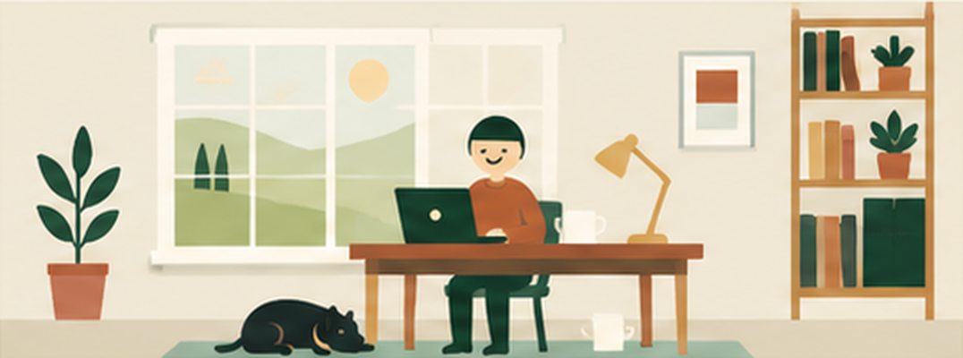 The homeowner works happily at a laptop in a sunny study while their pet sleeps nearby